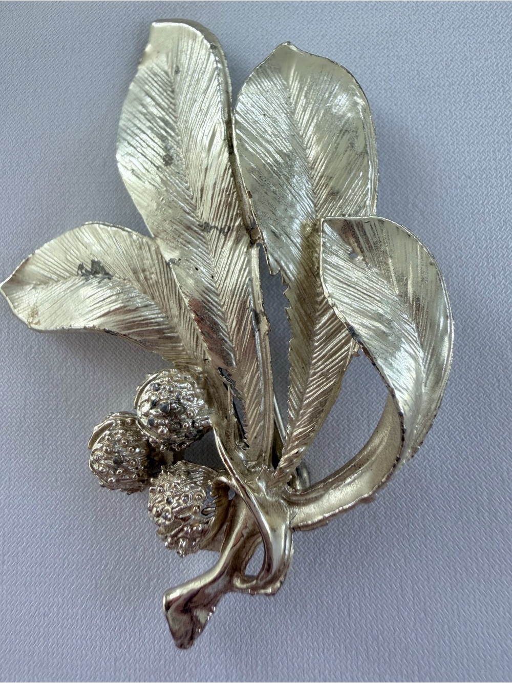 Vintage Silver Toned Leaf and Berry Brooch
